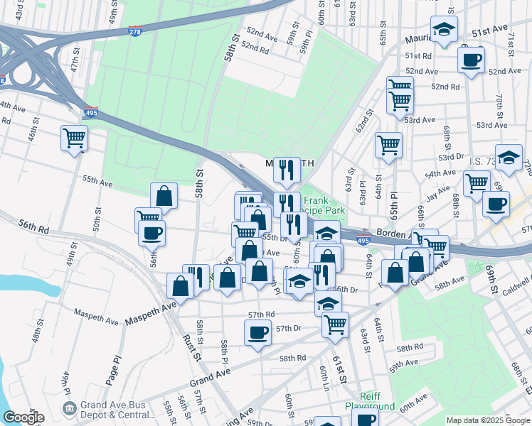 map of restaurants, bars, coffee shops, grocery stores, and more near 59-24 Maurice Avenue in Queens