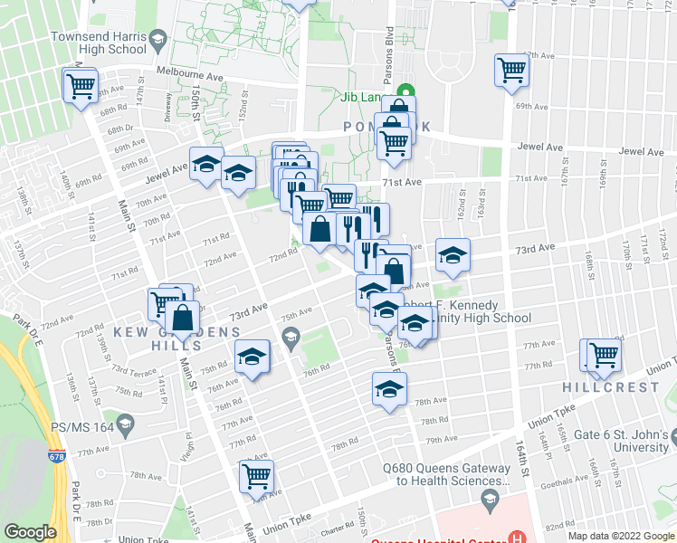 map of restaurants, bars, coffee shops, grocery stores, and more near 153-31 73rd Avenue in Queens
