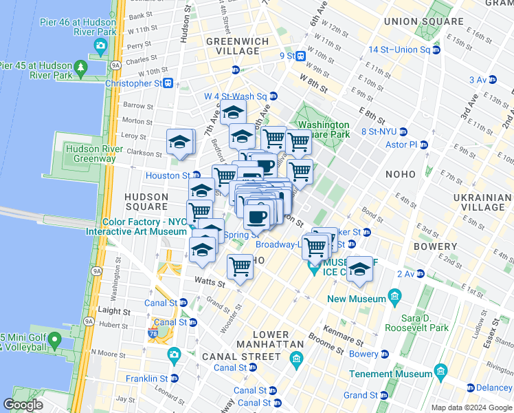 map of restaurants, bars, coffee shops, grocery stores, and more near 132 Thompson Street in New York