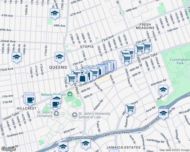 map of restaurants, bars, coffee shops, grocery stores, and more near 179-15 80th Road in Queens