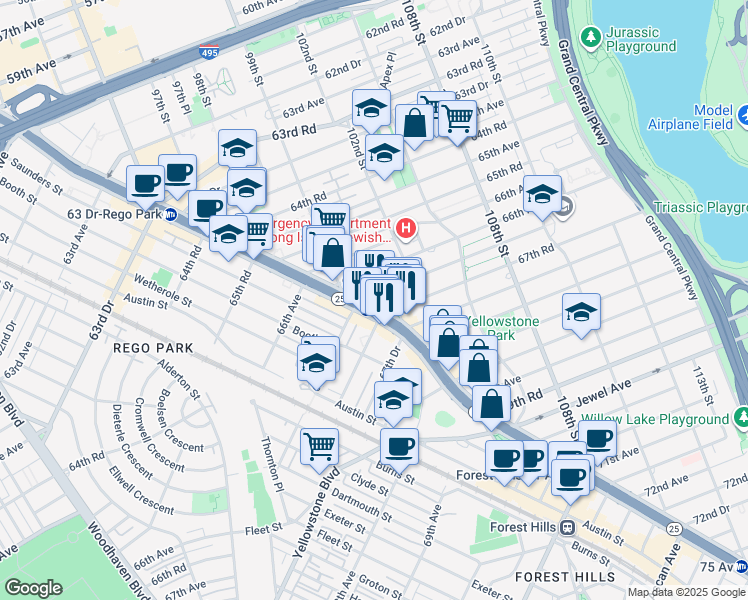 map of restaurants, bars, coffee shops, grocery stores, and more near in Queens