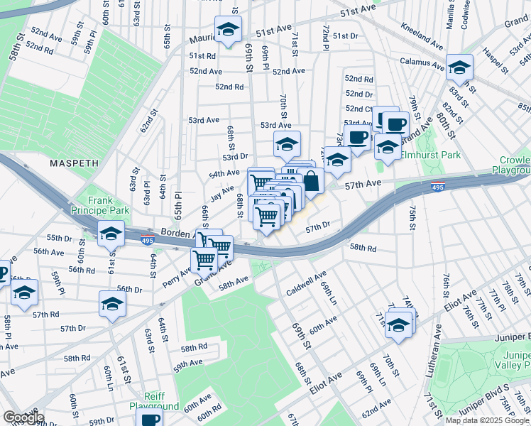 map of restaurants, bars, coffee shops, grocery stores, and more near 69-29 Grand Avenue in Queens