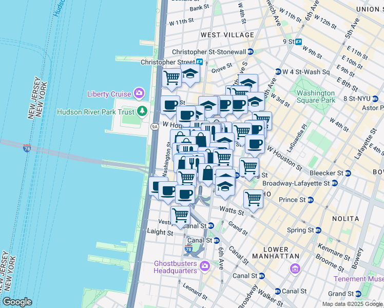 map of restaurants, bars, coffee shops, grocery stores, and more near in New York
