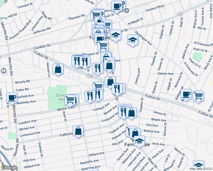 map of restaurants, bars, coffee shops, grocery stores, and more near 700 Fulton Street in Farmingdale
