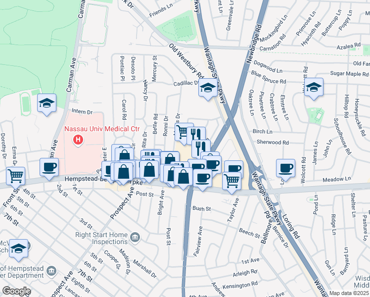 map of restaurants, bars, coffee shops, grocery stores, and more near 2525 Hempstead Turnpike in East Meadow