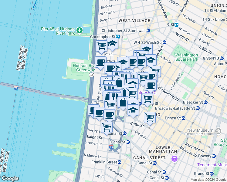 map of restaurants, bars, coffee shops, grocery stores, and more near in New York