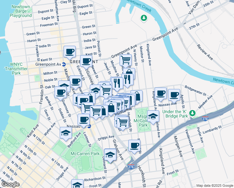 map of restaurants, bars, coffee shops, grocery stores, and more near 183 Norman Avenue in Brooklyn