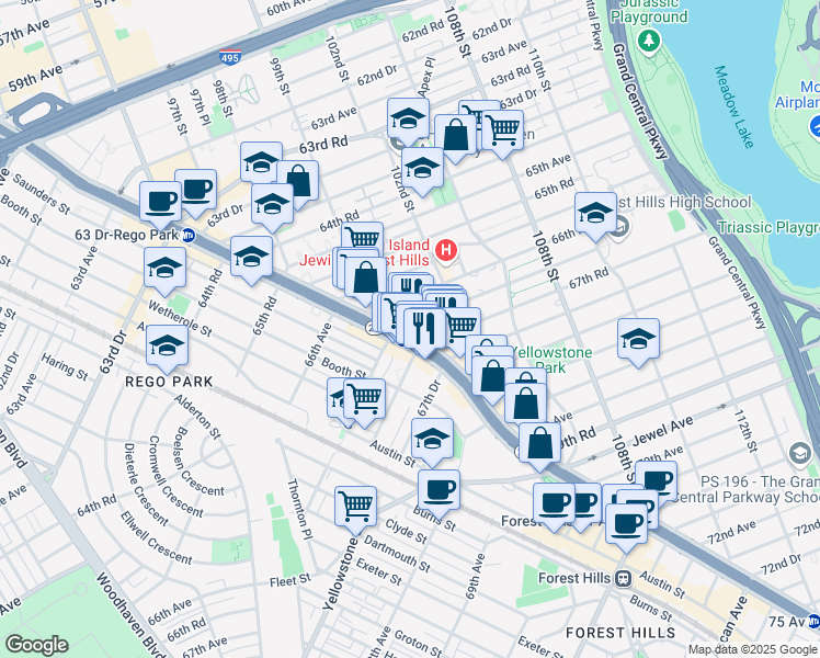 map of restaurants, bars, coffee shops, grocery stores, and more near 10045 Queens Boulevard in Queens