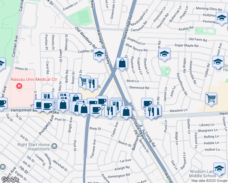 map of restaurants, bars, coffee shops, grocery stores, and more near 111 Aylwood Drive in East Meadow