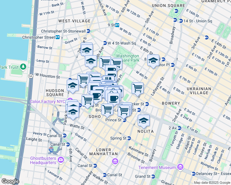 map of restaurants, bars, coffee shops, grocery stores, and more near 71 West Houston Street in New York