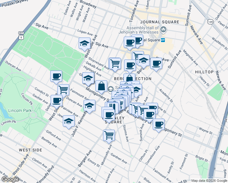 map of restaurants, bars, coffee shops, grocery stores, and more near 808 Montgomery Street in Jersey City