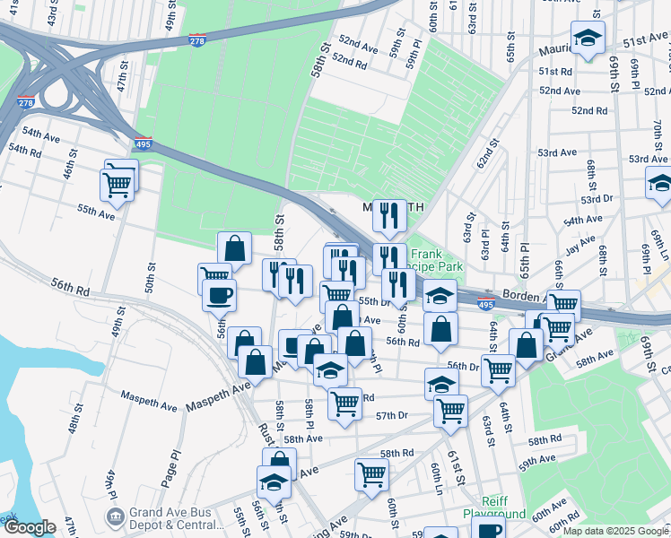 map of restaurants, bars, coffee shops, grocery stores, and more near 13 55th Drive in Queens