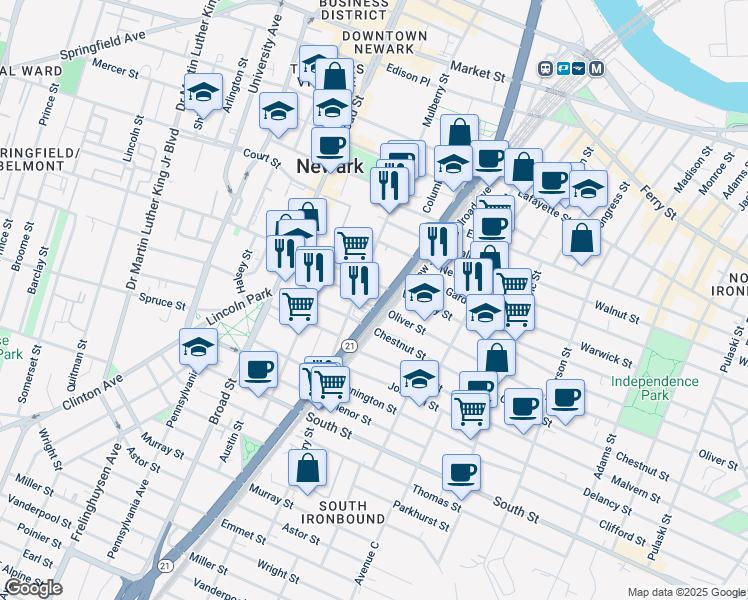 map of restaurants, bars, coffee shops, grocery stores, and more near 225-231 New Jersey Railroad Avenue in Newark