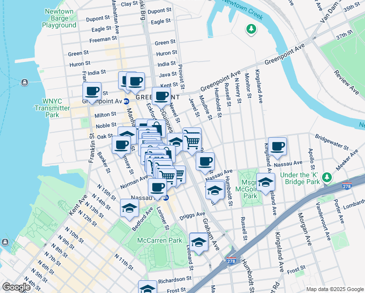 map of restaurants, bars, coffee shops, grocery stores, and more near 208 Eckford Street in Brooklyn