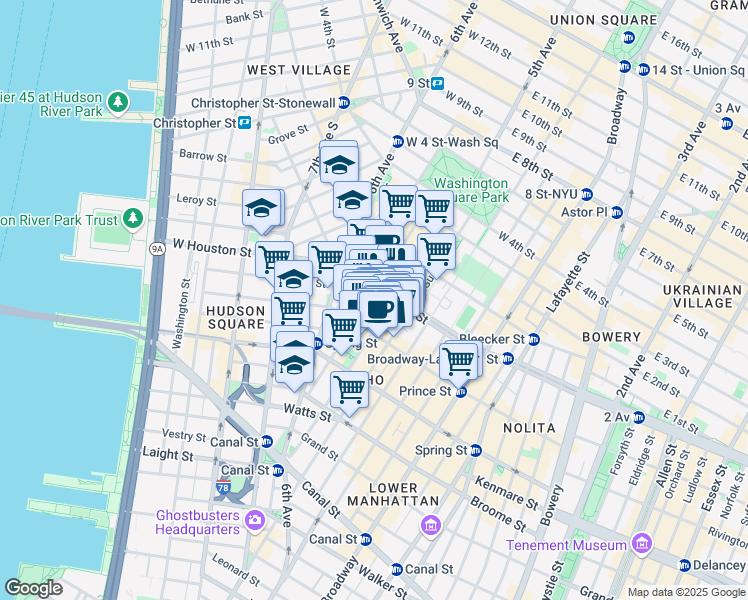 map of restaurants, bars, coffee shops, grocery stores, and more near 151 Sullivan Street in New York