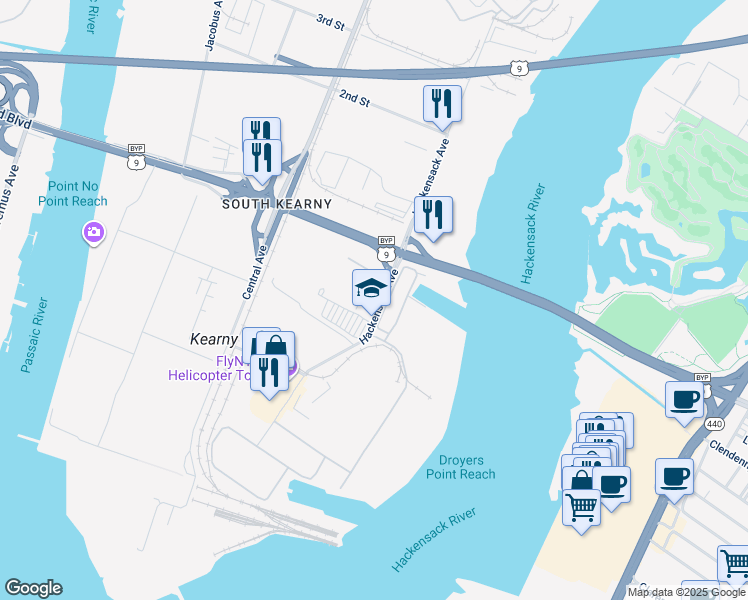 map of restaurants, bars, coffee shops, grocery stores, and more near John F Cali Way in Kearny
