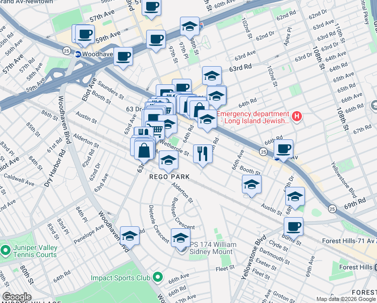map of restaurants, bars, coffee shops, grocery stores, and more near 64-49 Wetherole Street in Queens