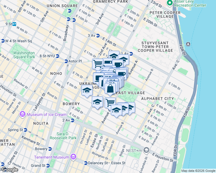 map of restaurants, bars, coffee shops, grocery stores, and more near 98 Saint Marks Place in New York