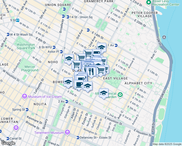 map of restaurants, bars, coffee shops, grocery stores, and more near 117 1st Avenue in New York