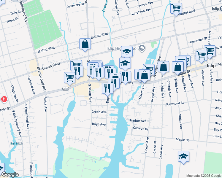 map of restaurants, bars, coffee shops, grocery stores, and more near 1923 Degnon Boulevard in Bay Shore