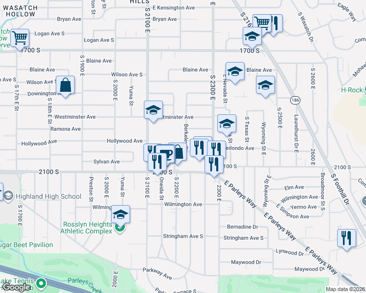 map of restaurants, bars, coffee shops, grocery stores, and more near 2007 South 2200 East in Salt Lake City