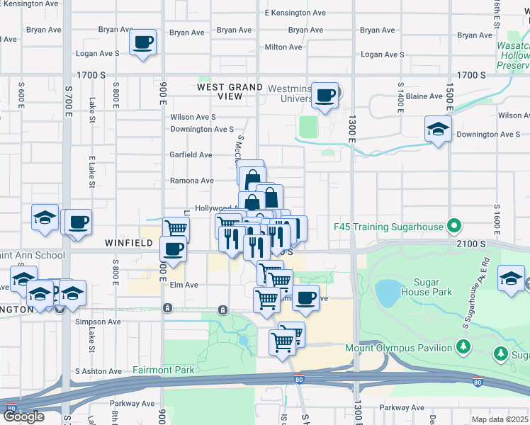 map of restaurants, bars, coffee shops, grocery stores, and more near 2011 1100 East in Salt Lake City