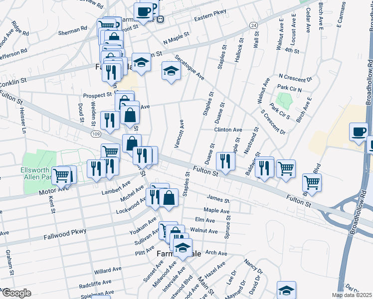 map of restaurants, bars, coffee shops, grocery stores, and more near in Farmingdale