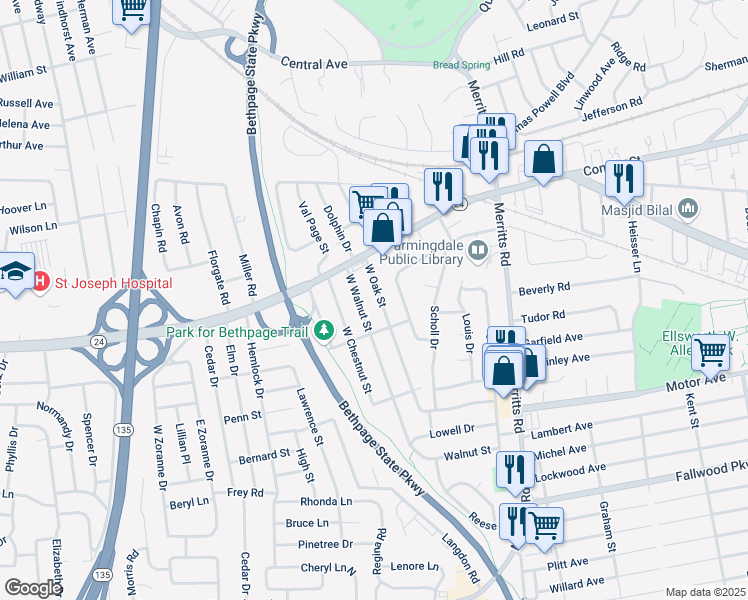 map of restaurants, bars, coffee shops, grocery stores, and more near 37 West Oak Street in Farmingdale