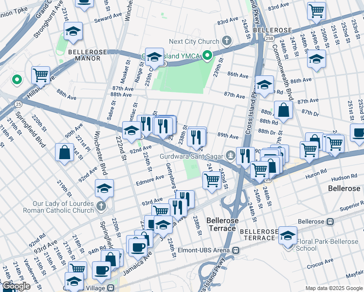 map of restaurants, bars, coffee shops, grocery stores, and more near 237-33 Davenport Avenue in Queens