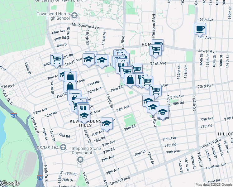 map of restaurants, bars, coffee shops, grocery stores, and more near 72-61 150th Street in Queens