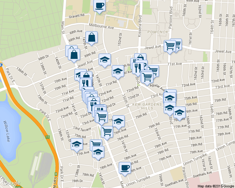 map of restaurants, bars, coffee shops, grocery stores, and more near 147-33 72nd Drive in Queens