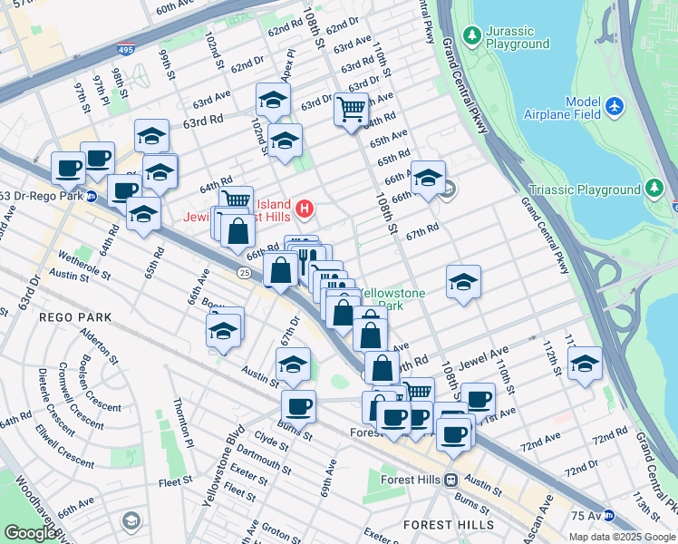 map of restaurants, bars, coffee shops, grocery stores, and more near 102-50 67th Drive in Queens