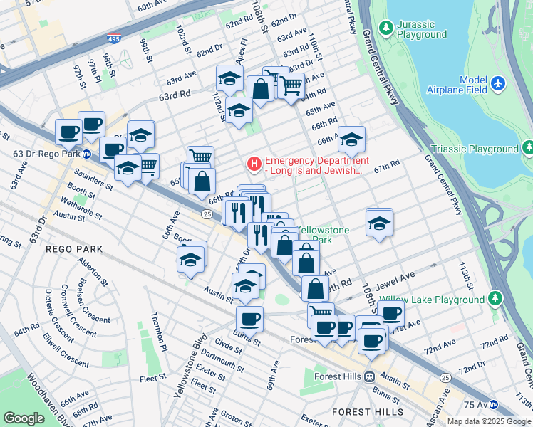 map of restaurants, bars, coffee shops, grocery stores, and more near 10207 67th Drive in Queens