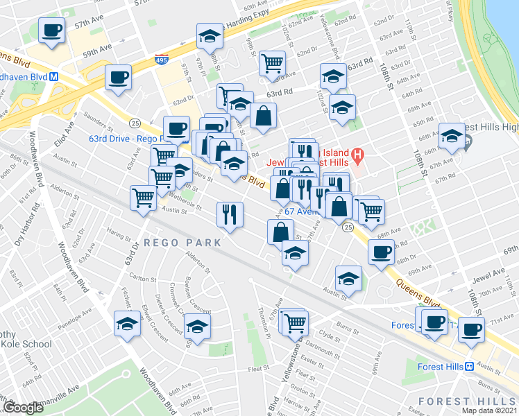 map of restaurants, bars, coffee shops, grocery stores, and more near 9609 66th Avenue in Queens