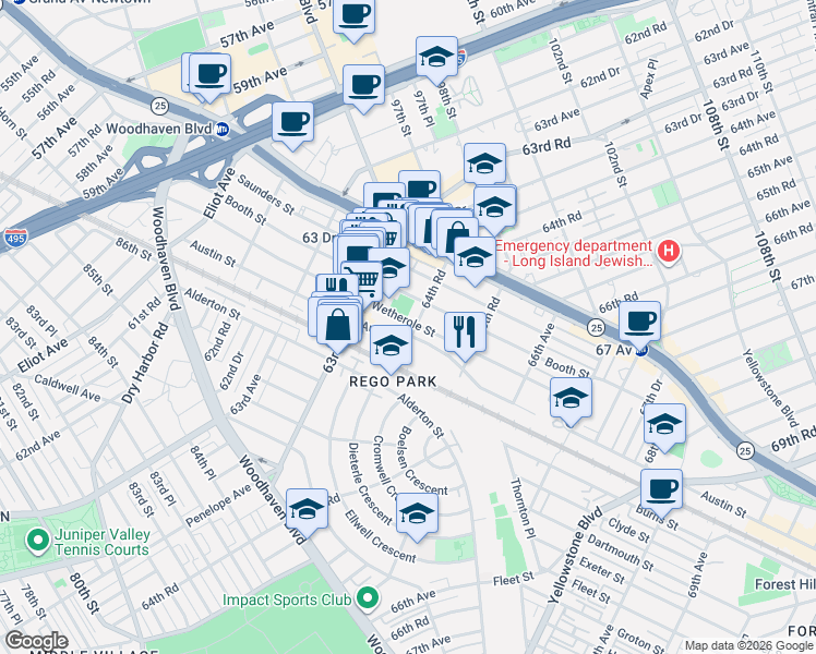 map of restaurants, bars, coffee shops, grocery stores, and more near 64-35 Austin Street in Queens