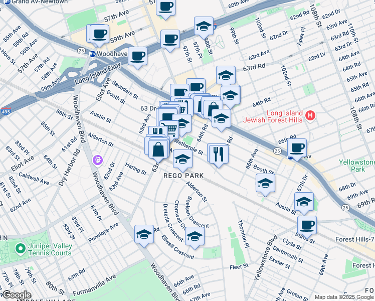 map of restaurants, bars, coffee shops, grocery stores, and more near 64-35 Austin Street in Queens
