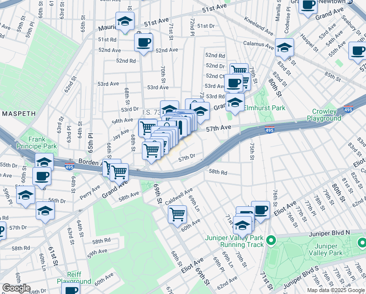 map of restaurants, bars, coffee shops, grocery stores, and more near 70-22 57th Drive in Queens