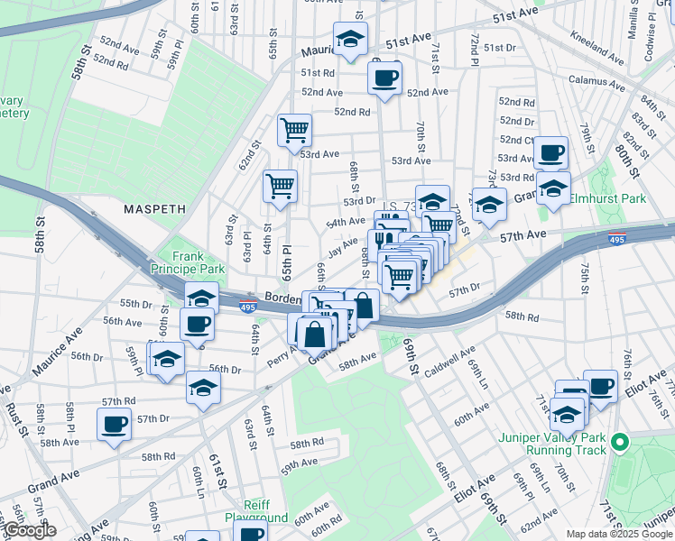 map of restaurants, bars, coffee shops, grocery stores, and more near 66-37 Clinton Avenue in Queens