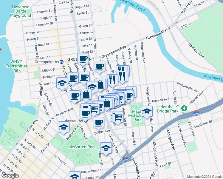 map of restaurants, bars, coffee shops, grocery stores, and more near 108A Diamond Street in Brooklyn