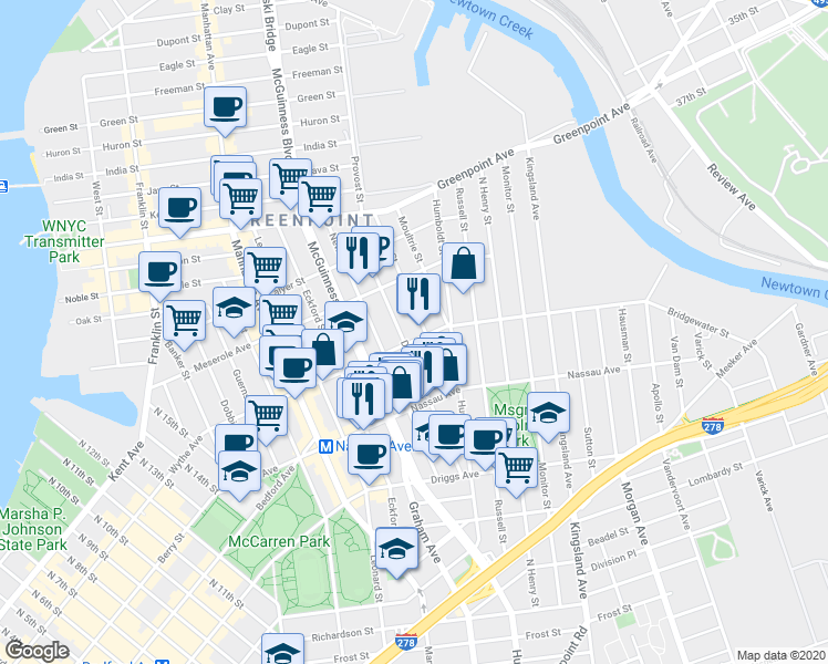 map of restaurants, bars, coffee shops, grocery stores, and more near 108A Diamond Street in Brooklyn
