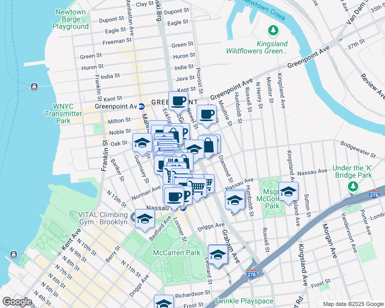 map of restaurants, bars, coffee shops, grocery stores, and more near 208 Eckford Street in Brooklyn