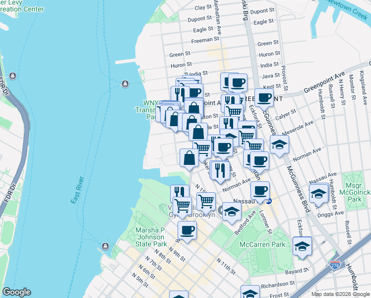 map of restaurants, bars, coffee shops, grocery stores, and more near 61 Franklin Street in Brooklyn