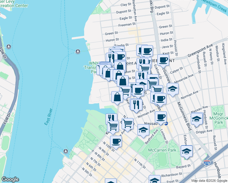 map of restaurants, bars, coffee shops, grocery stores, and more near 61 Franklin Street in Brooklyn