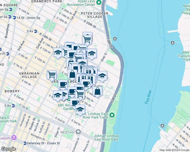 map of restaurants, bars, coffee shops, grocery stores, and more near in New York