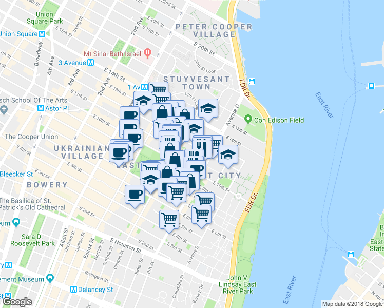 map of restaurants, bars, coffee shops, grocery stores, and more near 375 East 10th Street in New York