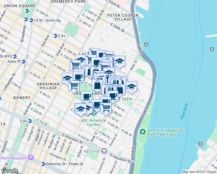 map of restaurants, bars, coffee shops, grocery stores, and more near 375 East 10th Street in New York