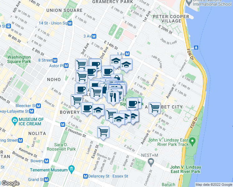 map of restaurants, bars, coffee shops, grocery stores, and more near 113 East 7th Street in New York