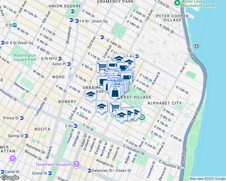 map of restaurants, bars, coffee shops, grocery stores, and more near 113 East 7th Street in New York