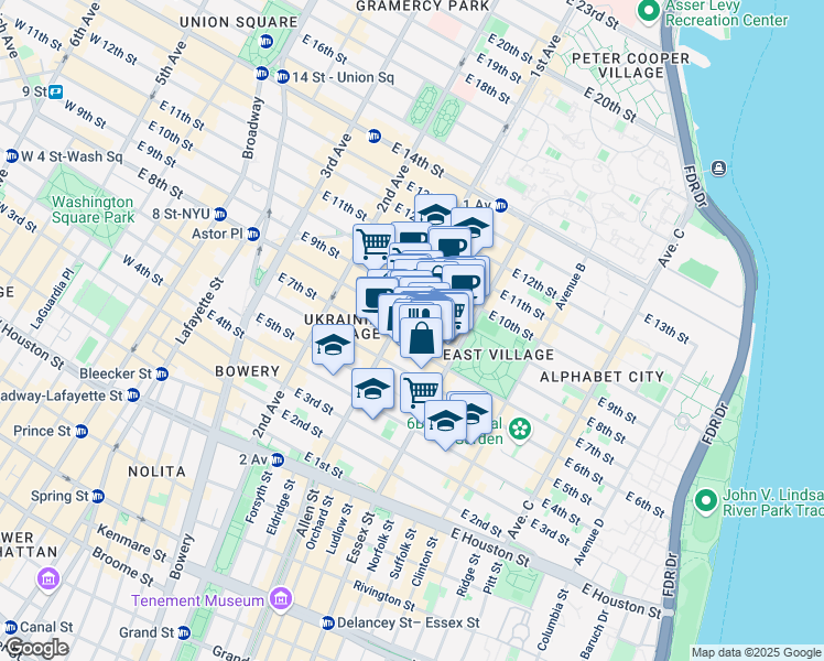 map of restaurants, bars, coffee shops, grocery stores, and more near 113 East 7th Street in New York