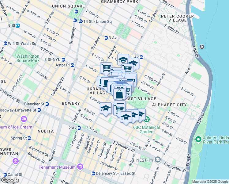 map of restaurants, bars, coffee shops, grocery stores, and more near 113 East 7th Street in New York